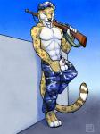 abs amber_eyes animal_genitalia animal_penis anthro army ball_grab balls beret biceps biped camo camo_print clothed clothing detached_sheath feline_genitalia feline_penis fur genitals gun hand_on_own_balls hat headgear headwear holding_gun holding_object holding_own_sheath holding_ranged_weapon holding_sheath holding_weapon licking licking_lips licking_own_lips looking_at_viewer m1_garand male military military_cap military_uniform muscular muscular_anthro muscular_male pecs penis penis_tip pose presenting ranged_weapon rifle seductive self_lick sheath soldier solo standing tongue tongue_out topless uniform warrior weapon yellow_body yellow_fur tsaiwolf base_progression felid jaguar mammal pantherine 3:4 hi_res