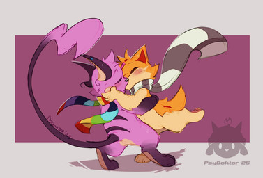 ambiguous_gender blush dancing duo eyes_closed forehead_gem gem kissing leaning leaning_backward leaning_forward long_tail scarf simple_background tail psydoktor nintendo pokemon ace_(x1gameguy2007) jet_(pharmachee) generation_1_pokemon generation_2_pokemon pokemon_(species) quilava raichu 2025 digital_media_(artwork)