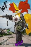 2017 anthro anthrofied areola big_breasts big_butt biped black_areola black_body black_fur black_nipples breasts butt canid canine clothing curvy_figure delphox digital_media_(artwork) fan_character female footwear fur generation_6_pokemon ghetto_delphox gun hi_res high_heels huge_breasts jewelry looking_at_viewer mammal multicolored_body multicolored_fur nintendo nipples platform_footwear platform_heels pokemon pokemon_(species) pokemorph ranged_weapon shoes sligarthetiger solo squish standing thick_thighs thigh_squish voluptuous voluptuous_female weapon white_body white_fur yellow_body yellow_fur