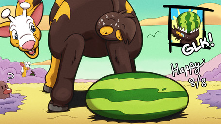 after_transformation blue_eyes bodily_fluids brown_body brown_fur cloud eating food fruit fur grass hooves male melon nervous nervous_sweat onomatopoeia orange_sclera plant sharp_teeth smile smiling_at_another sound_effects swallowing sweat sweatdrop sweating_profusely tail tail_fetish tail_play teeth text transformation upside_down_transformation watermelon yellow_body yellow_fur trevor-fox nintendo pokemon kyp_(character) trevor-fox_(character) avian bird generation_2_pokemon girafarig pokemon_(species) 16:9 hi_res widescreen nonbinary_(lore)