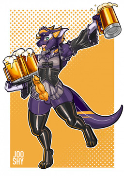 alcohol anthro barmaid beer beer_mug beverage black_clothing black_latex black_legwear black_thigh_highs blush bodily_fluids clothed clothing crossdressing erection fingerless_gloves genital_fluids genitals gloves green_eyes handwear holding_beer holding_beer_mug latex latex_clothing latex_legwear latex_thigh_highs legwear maid_uniform male open_mouth penis precum purple_body simple_background solo standing tail thigh_highs uniform yellow_penis jooshy mythology riptide_(chef_lex) dragon mythological_creature mythological_scalie scalie 2020 hi_res
