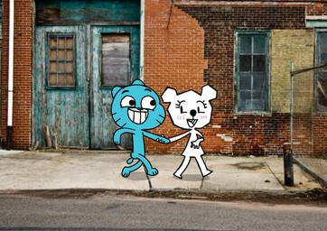 anthro blue_body blue_fur blush blush_lines building casual_nudity duo eye_contact female fur hand_holding happy looking_at_another male male/female nude nude_female nude_male nudist open_mouth outside paper photo_background public public_nudity smile walking white_body young young_anthro anonymous_artist cartoon_network the_amazing_world_of_gumball gumball_watterson teri_(tawog) bear domestic_cat felid feline felis mammal paper_creature digital_media_(artwork) mixed_media photography_(artwork)