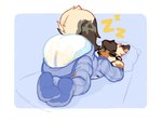 anthro ass_up bed black_nose blonde_hair blue_background blue_onesie blue_pajamas bodily_fluids brown_body brown_fur butt butt_flap butt_focus button_ears clothed clothing diaper exposed eyes_closed floppy_ears footed_sleeper fur furniture genital_fluids hair lying male mottled mottled_body mottled_fur multicolored_body multicolored_fur on_bed on_front onesie orange_body orange_fur pajamas piebald piebald_body piebald_fur pillow simple_background sleeping solo sound_effects tan_body tan_fur unclean_diaper urine used_diaper vowelless vowelless_sound_effect wearing_diaper wet_diaper wetness_indicator zzz cookiebandit casper_(cookiebandit) canid canine canis domestic_dog mammal 2025 blue_theme colored hi_res