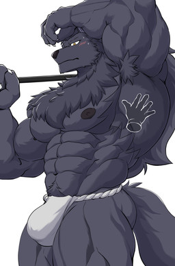 5_fingers abs ambiguous_gender anthro armpit_hair armpit_tuft asian_clothing barazoku biceps black_nose blush bodily_fluids body_hair bottomwear bulge butt chest_tuft claws clothed clothing dimple duo east_asian_clothing fingers fundoshi fundoshi_only fur grey_body grey_fur japanese_clothing male male/ambiguous male_focus middle_aged muscular muscular_anthro muscular_male partially_clothed pecs serious_face solo_focus sweat tail topless tuft underwear underwear_only yellow_eyes wolfblack43 saikyou_no_shokugyou_wa_yuusha_demo_kenja_demo_naku_kanteishi_(kari)_rashii_desu_yo? claude_abras canid canine canis mammal wolf absurd_res hi_res