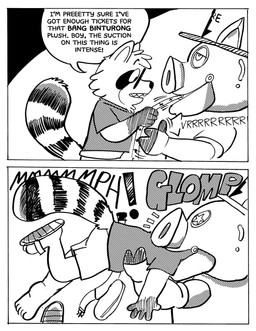 anthro clothing eyewear fanny_pack flip_flops footwear glasses machine male sandals shoes snout solo speech_bubble tail text ticket_machine vore billy_fore animatronic domestic_pig mammal procyonid raccoon robot suid suine sus_(pig) black_and_white comic english_text hi_res monochrome