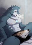 abs anthro clothed clothing embarrassed erection erection_under_clothing male muscular muscular_anthro muscular_male nipples novelty_clothing pecs solo underwear chuurow lifewonders meme_clothing tokyo_afterschool_summoners wolf_head_underwear breke_(tas) canid canine canis mammal wolf absurd_res hi_res meme