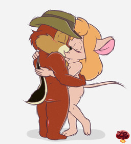 anthro blonde_hair brown_body clothing duo eyes_closed feet female fingers fur hair hat hat_only headgear headgear_only headwear headwear_only hug kissing long_hair male mostly_nude nude romantic romantic_ambiance romantic_couple simple_background smile standing tail toes ladycherrybomba chip_'n_dale_rescue_rangers disney chip_(disney) gadget_hackwrench chipmunk ground_squirrel mammal mouse murid murine rodent sciurid tree_squirrel digital_media_(artwork) hi_res