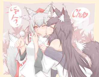 blush breasts brown_ears brown_hair brown_tail clothing dipstick_ears dress duo ear_markings eyes_closed female female/female hair heart_symbol inner_ear_fluff kissing kissing_cheek markings multicolored_ears one_eye_closed paw_pose pose red_eyes shirt tail topwear tuft white_clothing white_dress white_ear_tips white_ears white_hair white_inner_ear_fluff white_shirt white_tail white_topwear cube85 touhou kagerou_imaizumi momiji_inubashiri animal_humanoid canid canid_humanoid canine canine_humanoid humanoid mammal mammal_humanoid wolf_humanoid hi_res