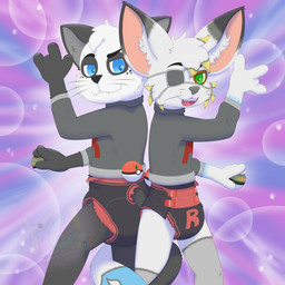 anthro belt black_diaper black_pawpads black_spots blue_eyes cheek_tuft clothed clothing diaper duo ear_tuft eye_patch eyewear facial_tuft fangs fur green_eyes holding_object holding_pokeball male multicolored_body multicolored_fur nest_ball pattern_background pawpads pink_pawpads pokeball pose shirt simple_background spots standard_pokeball teeth topwear tuft wearing_diaper whiskers white_body yellow_tuft young young_anthro fennecat nintendo pokemon team_rocket capri_(paddedcapri) dominic_(fennecat) canid canine domestic_cat felid feline felis fennec_fox fox hybrid mammal true_fox 1:1 absurd_res hi_res watermark