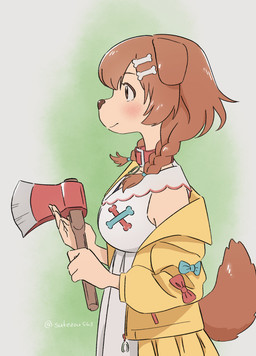 5_fingers accessory animal_ears anthro axe blush braided_hair breasts brown_ears brown_eyes brown_hair brown_tail buckle clothed clothed_female clothing collar dress female female_anthro fingers fire_axe floppy_ears fluffy fluffy_tail gradient_background hair hair_accessory hairclip holding_axe holding_object jacket kemono light_body light_skin long_muzzle looking_away mouth_closed neck_collar pigtails red_collar side_view simple_background smile solo tail topwear twin_braids white_clothing white_dress yellow_clothing yellow_jacket_(clothing) yellow_topwear sukezou563 hololive sherlock_hound_(series) vtuber inugami_korone bird_dog canid canine canis domestic_dog hunting_dog mammal spaniel digital_drawing_(artwork) digital_media_(artwork) hi_res signature