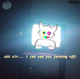 anthro bodily_fluids electronics heterochromia male multicolored_body nails screen sweat sweatdrop television through_screen azusagp 2024 digital_media_(artwork) meme