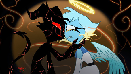 armwear back_wings black_body blue_body blue_eyes blue_feathers blue_hair blue_skin clothing cracked_skin cracks dress duo elbow_gloves eyelashes feathered_wings feathers female foreheads_touching gloves hair halo handwear horn long_eyelashes long_tail male male/female red_eyes simple_background smile spade_tail tail tears_of_sadness wings emositecc hellaverse helluva_boss millie_(helluva_boss) moxxie_(helluva_boss) angel angel_humanoid demon demon_humanoid humanoid imp 16:9 colored hi_res widescreen