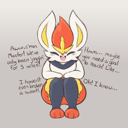 3_toes ambiguous_gender anthro big_ears blush buckteeth cheek_tuft crouching dialogue eyes_closed facial_tuft feet fur hair hands_on_knees hands_on_legs looking_at_viewer master multicolored_body multicolored_fur open_mouth smile solo talking_to_viewer teeth text toes tongue tuft wide_hips zlut385 nintendo pokemon cinderace generation_8_pokemon lagomorph leporid mammal pokemon_(species) rabbit 1:1 english_text