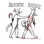 anthro bandage bandaged_arm biped blood bodily_fluids dismemberment duo fur gore male slim_anthro slim_male text walking walking_away white_body white_fur wounded claubleshaha canid canine canis domestic_cat domestic_dog felid feline felis mammal 1:1 2024 english_text hi_res