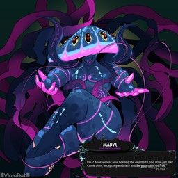 anthro bioluminescence blue_body blue_scales covered_eyes dialogue floating glowing male markings multi_eye scales solo talking_to_viewer tentacles text user_interface viola_bat hades_(game) aquatic cnidarian jellyfish medusozoan 1:1 absurd_res cel_shading english_text hi_res shaded