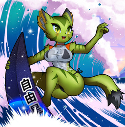 anthro arm_tuft big_breasts bikini black_bikini black_clothing black_swimwear blush breasts camel_toe clothing dipstick_tail eyelashes female fur green_body green_eyes green_fur inner_ear_fluff markings open_mouth open_smile shoulder_tuft side-tie_bikini side-tie_clothing side-tie_swimwear smile solo string_bikini striped_body striped_fur stripes surfboard surfing swimwear tail tail_markings thick_thighs triangle_bikini tuft two-piece_swimsuit wave wet wet_clothing wide_hips chacrawarrior freedom_planet galaxytrail carol_tea felid feline felis mammal wildcat 2025 absurd_res hi_res