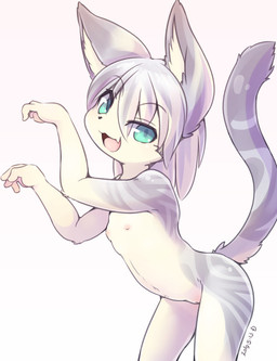 4_fingers anthro blue_eyes female fingers flat_chested fur genitals grey_body grey_fur grey_hair hair kemono loli looking_at_viewer navel nipples nude open_mouth paw_pose pose simple_background smile solo vulva young young_anthro young_female canopus335 domestic_cat felid feline felis mammal 2019 dated
