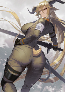 blonde_hair bottomwear butt camel_toe clothing eyebrows eyelashes female furgonomics hair holding_melee_weapon holding_object holding_sword holding_weapon horn long_hair melee_weapon pants scut_tail shirt short_tail solo sword tail tight_bottomwear tight_clothing tight_pants tight_shirt tight_topwear topwear weapon yellow_eyes gino_h arknights hypergryph studio_montagne degenbrecher_(arknights) animal_humanoid bovid bovid_humanoid caprine caprine_humanoid goat_humanoid humanoid mammal mammal_humanoid 2022 hi_res