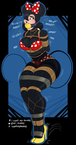 all_fours anthro arms_tied athletic athletic_anthro athletic_female ball_gag bdsm black_body black_eyebrows black_eyes black_hair black_nose bodily_fluids bondage bound bow_ribbon boxtie breast_bondage breasts clothed clothing crotch_rope drooling eyebrow_through_hair eyebrows eyelashes female footwear fully_bound gag gagged genital_fluids hair half-closed_eyes hands_behind_back high_heels jumping legs_tied legwear motion_lines mouse_ears mouse_tail muffled narrowed_eyes open_mouth open_mouth_gag partially_clothed restraints rope rope_bondage rope_harness saliva shoes simple_background solo standing stockings struggling submissive submissive_anthro submissive_female tail tears teeth text thick_thighs translucent translucent_hair underwear vaginal_fluids vaginal_fluids_through_clothing wet wet_clothing worried i_want_my_mummy disney minnie_mouse mammal mouse murid murine rodent absurd_res artist_name hi_res letterbox
