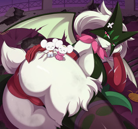 anthro big_butt biped breast_curtains breasts butt camel_toe clothed clothing dress female female_anthro fur green_body group holding_butt holding_melee_weapon holding_object holding_sword holding_weapon larger_anthro larger_female lying melee_weapon membrane_(anatomy) membranous_wings on_side pink_clothing pink_dress pupils red_clothing size_difference slit_pupils smaller_anthro sword thick_thighs weapon white_body wings son2j nintendo pokemon generation_9_pokemon meowscarada pokemon_(species) tandemaus absurd_res hi_res
