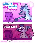 2_panel_comic ambiguous_gender anthro blue_body blue_fur blue_hair cheek_tuft chest_tuft comic_panel computer computer_monitor computer_mouse dialogue dot_eyes ears_back electronics facial_tuft fire fluffy fluffy_tail fur hair horrified humor pink_background pivoted_ears purple_body purple_fur silly simple_background simple_eyes smile solo tail text tuft wide_eyed luckfoxo33 tolng canid canine fox mammal comic cover cover_art cover_page english_text hi_res meme andromorph_(lore) trans_(lore) trans_man_(lore)