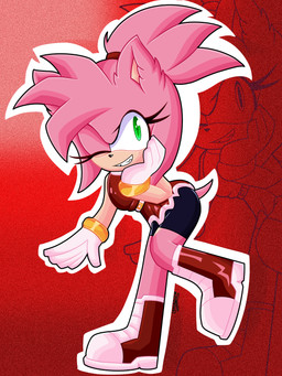 anthro belt boots bottomwear breasts clothed clothing dress fangs female footwear fur gloves green_eyes hair handwear looking_at_viewer medium_breasts one_eye_closed outline pink_body ponytail red_background shoes shorts simple_background smile solo standing tail teeth white_outline wink diamond8 sega sonic_the_hedgehog_(series) amy_rose eulipotyphlan hedgehog mammal 2025 digital_media_(artwork) hi_res