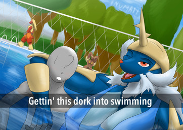 ?_face anthro big_breasts bikini breasts clothing detailed_background duo fangs female male one-piece_swimsuit sling_bikini swimming_pool swimwear teeth text two-piece_swimsuit unusualmatias nintendo pokemon anon blaziken generation_3_pokemon generation_4_pokemon generation_5_pokemon lagomorph lopunny mammal pokemon_(species) samurott 2019 english_text hi_res