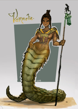 apode braided_hair breasts clothing female hair legless nipples scales serpentine solo split_form staff topknot topwear tribal 3ts-2rt draconcopode humanoid lamia reptile scalie snake hi_res
