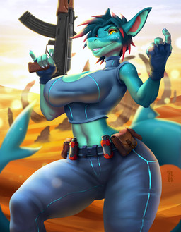 5_fingers anthro assault_rifle bad_trigger_discipline beckoning belt belt_buckle belt_pouch big_breasts bottomwear breasts buckle cleavage clothed clothing crop_top desert explosives female fingerless_gloves fingers fully_clothed gesture gloves grenade gun hair handwear highlights_(coloring) holding_object holding_weapon huge_breasts looking_at_viewer midriff navel non-mammal_breasts non-mammal_navel outside pants ranged_weapon red_hair_tips red_highlights rifle shirt short_hair small_waist smile solo standing teeth topwear weapon wide_hips yellow_eyes mrincred aquatic fish shark 2021 signature