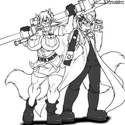 anthro belt big_breasts boots bottomwear breasts clothing cosplay duo female footwear hair headgear headwear huge_breasts jacket male pants shoes smile teeth topwear weapon deonwolf hellsing alucard_(hellsing) cleo_(yutrah) deon_(deonwolf) seras_victoria canid canine canis mammal wolf 1:1 2014 digital_media_(artwork) hi_res line_art monochrome
