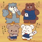 anthro apron bow_tie brown_body brown_fur clothing eyes_closed fur grey_body grey_fur group hat headgear headwear kemono male one_eye_closed scar text wink sayolino kumalino sanrio brew_(kumalino) drip_(kumalino) roast_(kumalino) syrup_(kumalino) bear mammal 1:1 2024 japanese_text