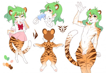 4_toes 5_fingers anthro asian_clothing balls bottomwear braided_hair brown_body brown_fur cat_smile cheek_tuft clothing cute_fangs dipstick_tail east_asian_clothing eating facial_tuft fangs feet femboy fingers food front_view fur genitals gesture green_eyes green_hair hair hand_gesture holding_food holding_object holding_popsicle humanoid_genitalia humanoid_penis inner_ear_fluff japanese_clothing japanese_school_uniform looking_at_viewer male markings narrowed_eyes navel nude nude_anthro nude_male orange_body orange_fur pawpads paws penis pink_bottomwear pink_clothing pink_nose pink_skirt ponytail popsicle rear_view red_bow school_uniform serafuku side_view skirt snack solo standing striped_body striped_fur striped_markings stripes tail tail_markings teeth toes tuft uniform v_sign waving white_body white_fur white_inner_ear_fluff viskasunya curry_(viskasunya) felid mammal pantherine tiger 2022 headshot_portrait model_sheet portrait