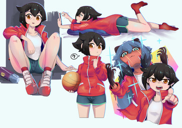 5_fingers alternate_form anthro ball basketball_(ball) black_body black_fur black_hair blue_body blue_eyes blue_fur blue_hair brown_body brown_eyes brown_fur cellphone clothed clothing electronics female fingers fluffy fluffy_tail footwear fur gesture hair hand_gesture holding_object jacket legwear looking_at_viewer multicolored_body multicolored_eyes multicolored_fur multicolored_hair multiple_positions phone pillow pink_eyes pointing question_mark red_clothing red_footwear red_legwear red_socks shoes socks solo speech_bubble tail topwear soto_doragon brand_new_animal studio_trigger michiru_kagemori canid canine human mammal raccoon_dog tanuki 2020 absurd_res hi_res