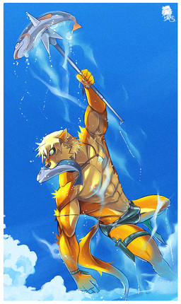 abs action_pose anthro biceps border bulge clothed clothing countershade_face countershade_torso countershading day eyewear feral fur goggles group hair holding_object_in_mouth impalement logo male melee_weapon muscular muscular_anthro muscular_male orange_body orange_fur pecs polearm pose skimpy sky solo_focus spear speedo speedo_only swimming_goggles swimwear tail topless trio water weapon white_border x_eyes beaugilliam hibuki_crossbone aquatic canid canine canis domestic_dog fish mammal 2011 artist_logo digital_drawing_(artwork) digital_media_(artwork) english_description full-length_portrait hi_res portrait