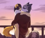 anthro bow_ribbon brown_body brown_fur carrying_another clothing duo eyes_closed fluffy fluffy_tail fur grey_body grey_fur holding_another hug kissing love male male/male outside snout sunset tail kotta rahl thelly canid canine canis domestic_dog mammal wolf 2023