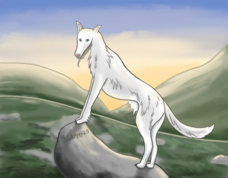 ambiguous_gender blue_eyes claws feral fur long_tail looking_at_viewer mountain outside paws sharp_teeth sky solo standing sunset tail teeth tongue tongue_out white_body white_fur mitdoggy29 canid canine mammal monster digital_media_(artwork) hi_res