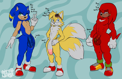 2_tails abstract_background accessory anthro big_penis blue_eyes circumcised circumcision_scar clothing ear_piercing eyewear eyewear_on_head femboy flaccid footwear foreskin genital_scar genitals gloves goggles goggles_on_head green_eyes group grower hair_accessory handwear male male/male mostly_nude mostly_nude_anthro mostly_nude_male multi_tail penis penis_envy penis_size_difference piercing purple_eyes scar shoes standing tail trio guccigarf sega sonic_the_hedgehog_(series) knuckles_the_echidna miles_prower sonic_the_hedgehog canid canine echidna eulipotyphlan fox hedgehog mammal monotreme hi_res