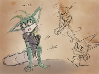 anthro big_ears big_eyes fur green_body green_fur male multiple_poses pose solo tail yellow_body yellow_eyes yellow_fur pacheco nikolay_(pacheco) canid canine fox mammal 4:3 hi_res sketch