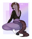 abstract_background anthro big_butt blaze_(marking) brown_hair butt clothing crop_top facial_markings femboy fur grey_body grey_fur hair head_markings hooves kneeling leg_markings looking_at_viewer looking_back male markings rear_view shirt socks_(marking) solo thick_thighs topwear underhoof raf_art dallas_prairiewind equid equine horse mammal hi_res