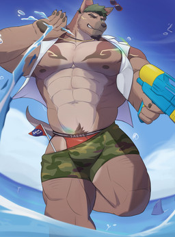 abs anthro bottomwear bottomwear_down brown_body brown_fur bulge clothed clothing fur jockstrap male muscular muscular_anthro muscular_male nipples partially_clothed pecs sea shorts shorts_down smile solo swimwear underwear water s_leodpard xxl_woofia saeng canid canine canis domestic_dog mammal absurd_res hi_res
