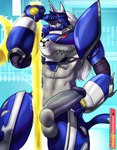 abs armor balls big_balls big_penis blue_body circumcised circumcision_scar digital_hazard electricity erection genital_scar genitals grey_body hair humanoid_genitalia humanoid_penis hyper male penis pole red_eyes scar solo stripper symbol technology white_hair franubis bandai_namco digimon digimon_(species) miragegaogamon 2022 digital_media_(artwork) hi_res