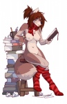 anthro biped blue_eyes book book_stack breasts brown_body brown_fur brown_hair casual_nudity chest_tuft clothing container cup dual_holding ear_piercing eye_through_hair eyewear female footwear front_view fur furniture glasses hair holding_book holding_object holding_pencil holding_writing_utensil leaning leaning_backward legwear looking_at_viewer mostly_nude navel nipples nude paper pen pencil_(object) piercing ponytail reading scarf short_hair simple_background sitting socks solo stack stool supported_arm tail tongue tongue_out translucent translucent_hair tuft white_background writing_utensil wolfy-nail canid canine mammal 2011 digital_media_(artwork) full-length_portrait portrait