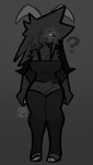 2024 2_horns :< anthro arm_tuft big_breasts black_body black_clothing black_fur black_hair black_leg_warmers black_legwear black_shirt black_topwear bottomless bovid breasts caprine cleavage clip_studio_paint_(artwork) clothed clothing coal_(probablydemo) crossgender digital_media_(artwork) empty_eyes eyebrows eyelashes featureless_crotch female fingers front_view full-length_portrait fur glowing glowing_eyes goat gradient_background grey_background hair hooves horn leg_warmers legwear long_hair looking_at_viewer mammal monochrome mouth_closed mtf_crossgender portrait probablydemo shirt shoulder_tuft signature simple_background solo standing topwear tuft white_eyes wide_hips