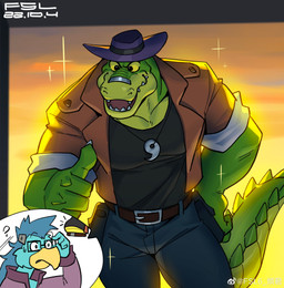 anthro blue_body bottomwear clothing duo eyewear glasses green_body hat headgear headwear humanoid_hands male muscular muscular_male pants question_mark rectangular_glasses shirt topwear fansl brok_the_investigator cowcat_games brok_(brok_the_investigator) shay_(brok_the_investigator) alligator alligatorid avian crocodilian reptile scalie 2022 absurd_res hi_res watermark