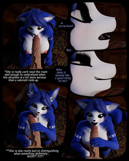 anthro big_breasts big_penis black_lips blue_body blue_fur breasts confident dialogue duo ears_up expressions female fur genitals green_eyes imminent_oral imminent_sex kneeling kneeling_oral_position lips male male/female nipples nude penis penis_grab shocked skirt_only speech_bubble tail teasing text thick_penis vein veiny_penis lir dogzeela_(modeler) nintendo star_fox krystal_(star_fox) canid canine fox human mammal 3d_(artwork) 4:5 absurd_res comic digital_media_(artwork) english_text hi_res multiple_images