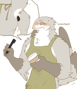 anal anal_penetration anthro apron apron_only athletic balls barista blush bodily_fluids butt clothing container cup cutaway dildo dildo_in_ass dildo_insertion disposable_cup empty_eyes erection erection_under_clothing feathers genitals green_clothing grey_body grey_feathers hidden_sex_toy holding_object male male_penetrated marker muscular muscular_anthro object_in_ass orange_eyes penetration sex_toy sex_toy_in_ass sex_toy_insertion simple_background solo stained_clothing standing stealth_masturbation sweat tail tail_feathers unprofessional_behavior wavy_mouth white_background white_balls white_body white_feathers wings lovebuffpg45 avian digital_drawing_(artwork) digital_media_(artwork)