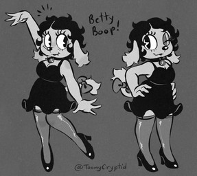 anthro clothing dog_tail eyelashes female footwear high_heels looking_at_viewer one_eye_closed shoes solo tail wink winking_at_viewer toonycryptid betty_boop_(series) paramount_pictures betty_boop canid canine canis domestic_dog mammal hi_res monochrome