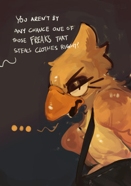 annoyed anthro beak bedroom_eyes clothed clothing dialogue eyelashes fluffy frown frowning_at_viewer glistening glistening_beak glistening_body gym_bag male narrowed_eyes open_mouth seductive slouching solo speech_bubble text topless topless_male chompingbit avian bird absurd_res english_text hi_res