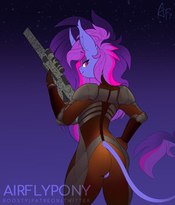 anthro bedroom_eyes butt clothing cosplay costume curved_horn eyeshadow fangs female fingers genitals gun hair horn long_hair long_tail looking_back makeup multicolored_hair narrowed_eyes purple_body purple_eyes ranged_weapon seductive smile smirk solo tail teeth unicorn_horn unicorn_tail vulva weapon airfly-pony fallout microsoft mythology miranda_(airfly-pony) equid equine hybrid mammal mythological_creature mythological_equine reptile scalie snake unicorn 2020 2022 2024 digital_media_(artwork) hi_res