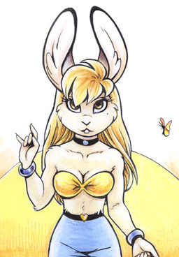 anthro as_above_so_below_pose bare_shoulders belt blonde_hair blue_bottomwear blue_clothing bottomwear bracelet breasts buckteeth choker claws cleavage clothed clothing collarbone devil_horns_(gesture) female finger_claws fluffy_body gesture grey_eyes hair hand_gesture inner_ear_fluff jewelry long_ears long_hair looking_at_viewer makeup midriff mole_under_eye mullet necklace simple_background sleeveless_topwear solo strapless_clothing strapless_topwear teeth tight_bottomwear tight_clothing topwear tuft yellow_clothing yellow_topwear megan_giles ambient_arthropod ambient_butterfly ambient_insect lagomorph leporid mammal rabbit 2004 traditional_media_(artwork)